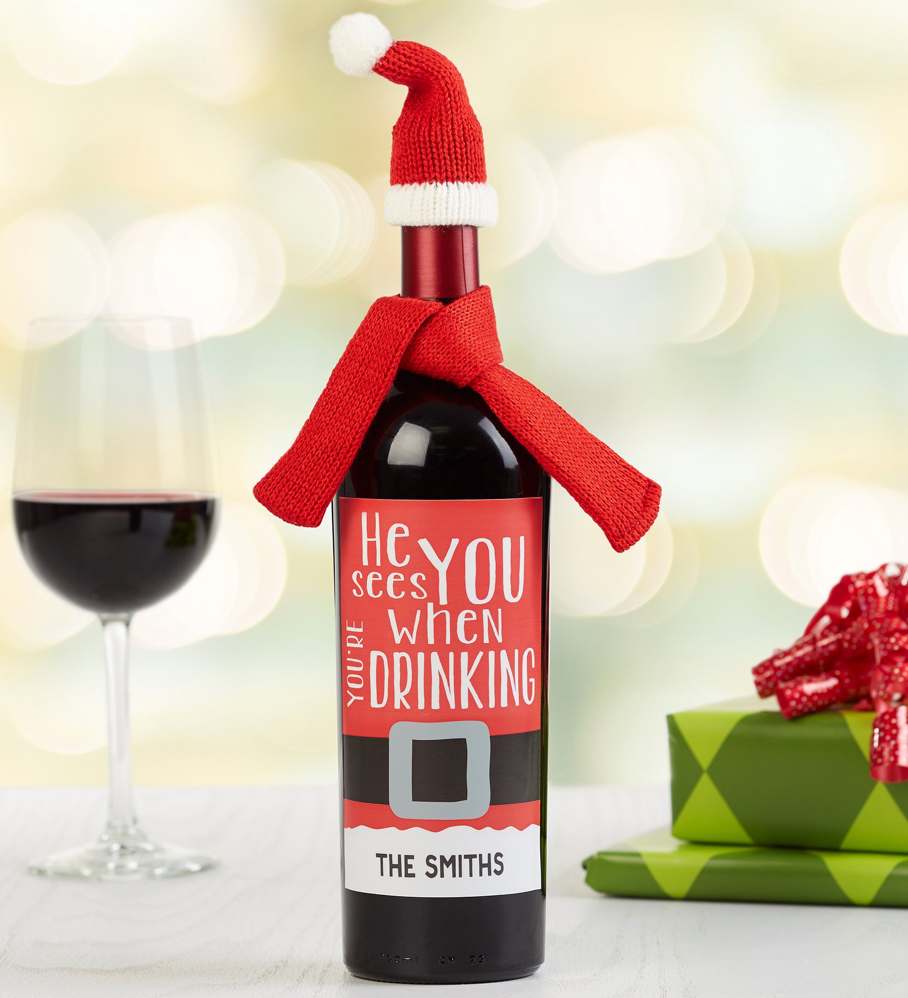 He Sees You When You&#39;re Drinking Personalized Wine Bottle Label